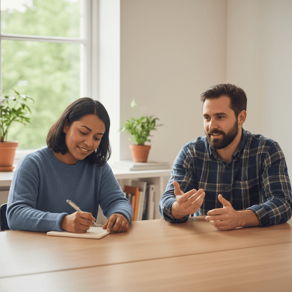 Two people in conversation at a table, one taking notes