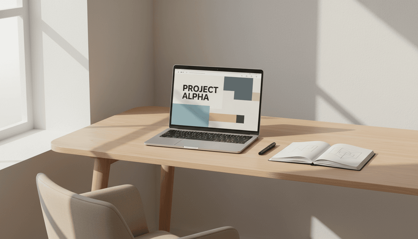 Clean modern workspace with laptop displaying simple web design