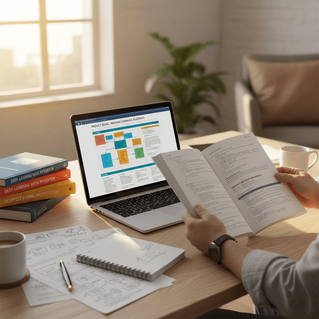 Person studying technical documentation with books and laptop
