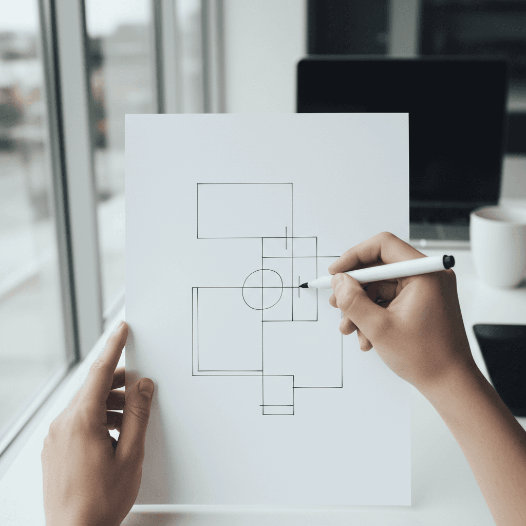 Hands sketching simplified diagrams on white paper