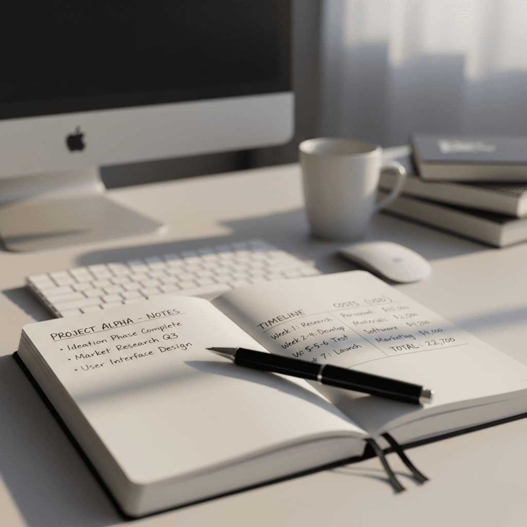 Handwritten project notes and cost breakdown in notebook
