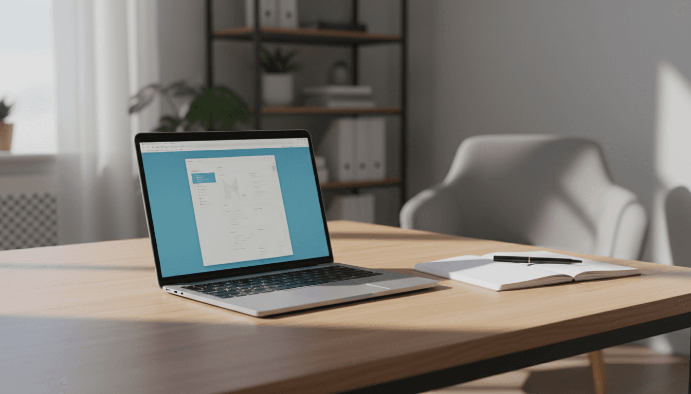 Laptop workspace with clean interface and natural morning light